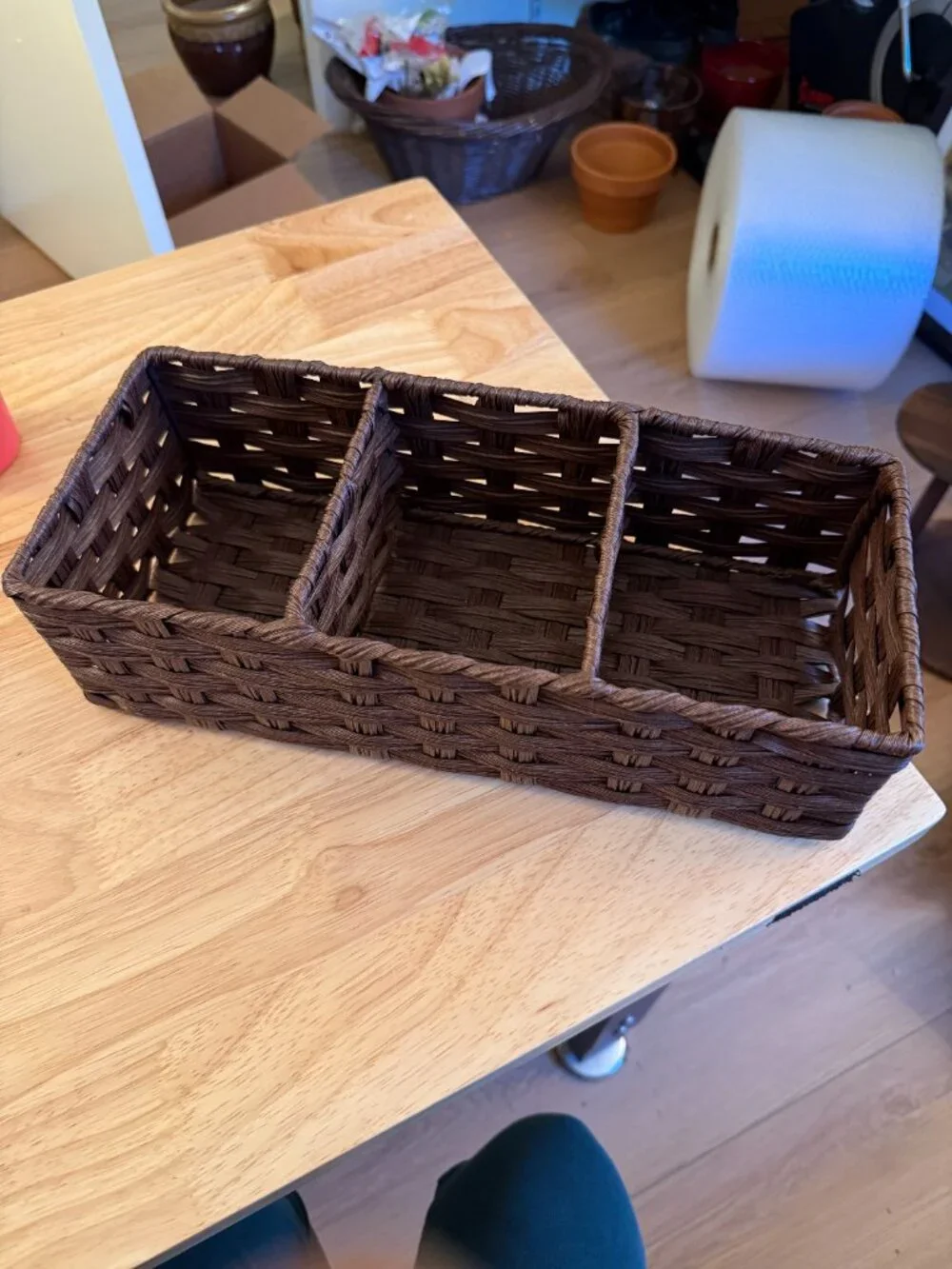 Toilet Tank Topper Paper Basket Woven Plastic Wicker & Metal Organizer Bin Brown